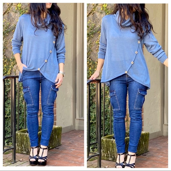 chic side button trim cowl neck knit tunic - Picture 2 of 13